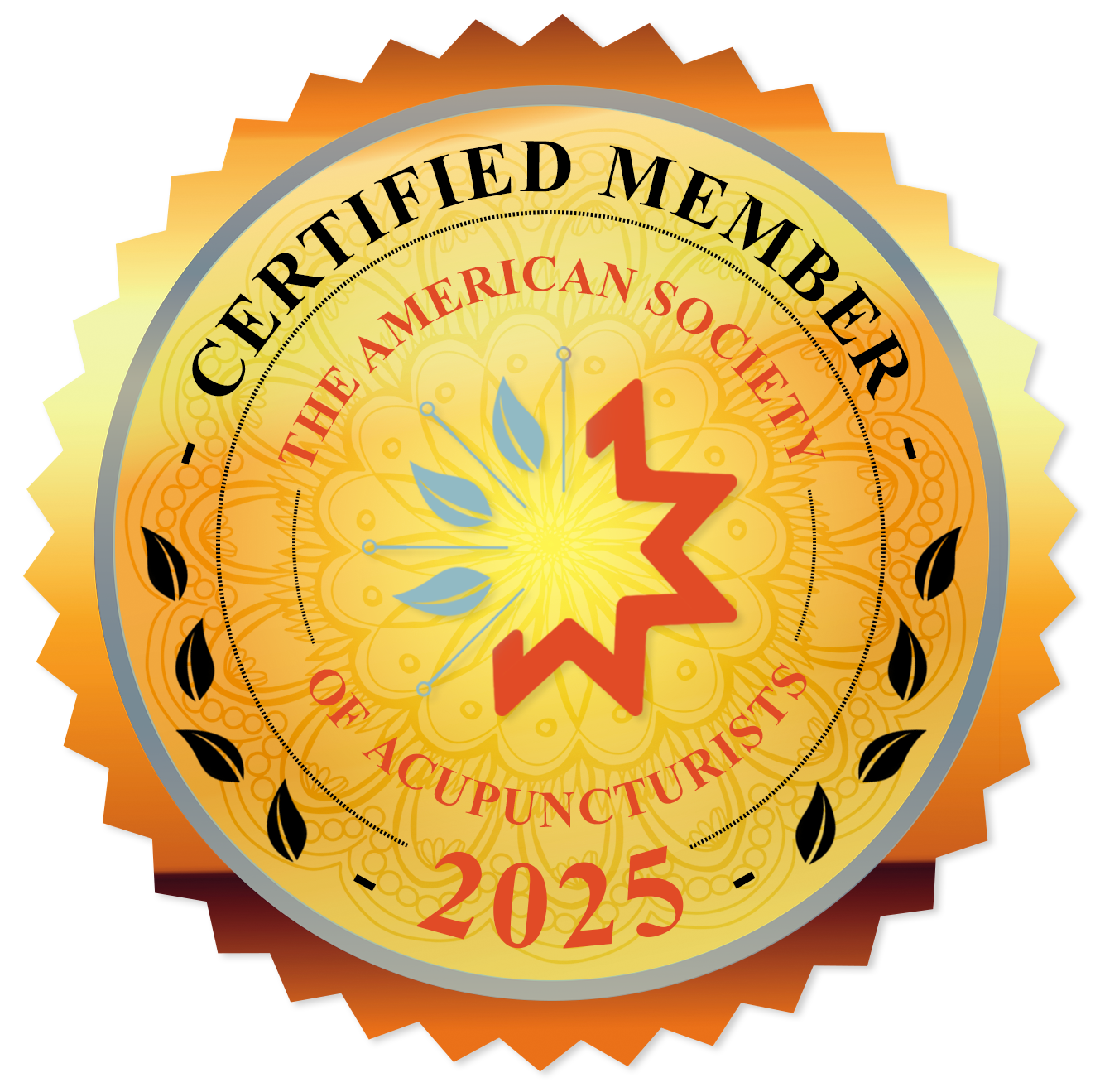 Gold Badge that says "Certified Member: The American Society of Acupuncturists 2025"